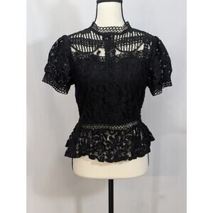 Black Lace Peplum Top Short Sleeve Elastic Back Waist Womens Small